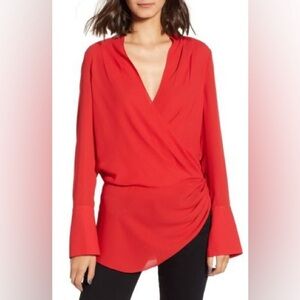 Trouvé Red Drape Front Ruched Blouse Long Sleeve V-Neck – Size Small